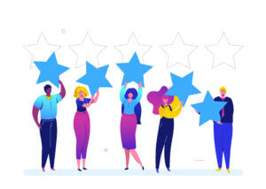 Illustration of diverse people holding blue stars, symbolizing teamwork and excellence, only available at Elevate Your Organization's Culture and Performance With CEEK.