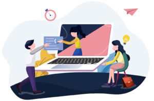 Illustration of teamwork and innovation with a laptop and people, only available at Elevate Your Organization's Culture and Performance With CEEK.