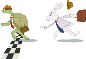 Cartoon turtle and rabbit in business attire racing on a checkered path, symbolizing workplace competition, only available at Elevate Your Organization's Culture and Performance With CEEK.