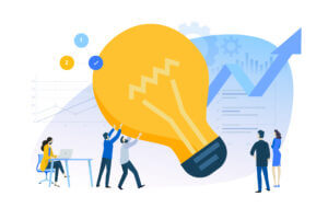 Team generating ideas with a giant lightbulb, graphs, and charts, only available at Elevate Your Organization's Culture and Performance With CEEK.