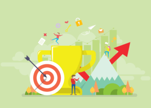 Illustration of success and growth concepts with a trophy and target, only available at Elevate Your Organization's Culture and Performance With CEEK.