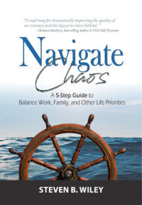 Cover of "Navigate Chaos" by Steven B. Wiley, featuring a ship's wheel and ocean, available at Elevate Your Organization's Culture and Performance With CEEK.