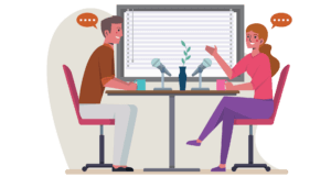 Illustration of two people podcasting with microphones, featured by Elevate Your Organization's Culture and Performance With CEEK.