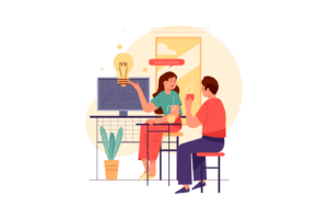 Collaborative office discussion with charts and lightbulb ideas, only at Elevate Your Organization's Culture and Performance With CEEK.